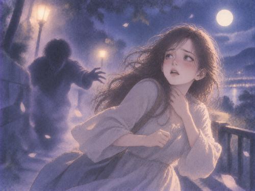 夜道を背後の影から離れるように走る女性