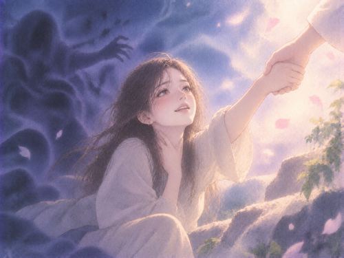 夜の夢から抜け出し差し伸べられた手を取る女性