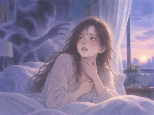 夜明け前の寝室で目覚め首元に手を添える女性