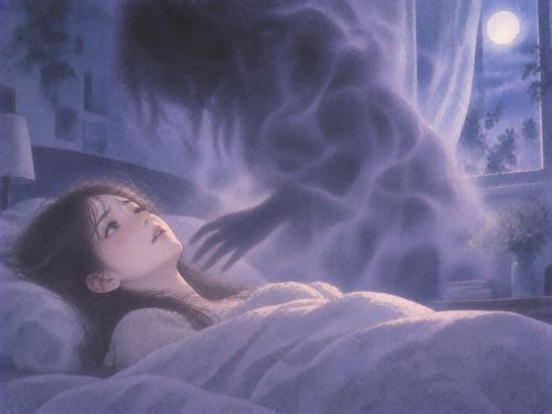 月明かりの寝室で身体が動かず淡い人影を感じる女性