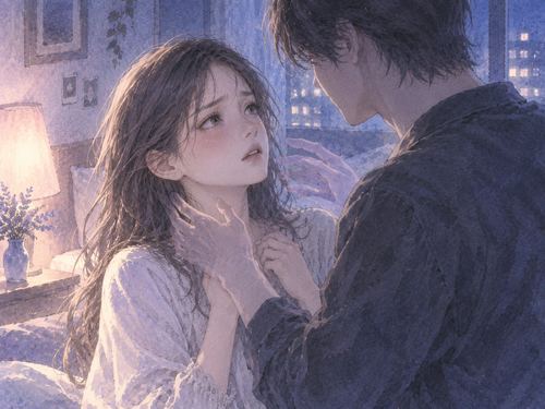 夜の部屋で近い距離に立つ恋人と息苦しさを感じる女性
