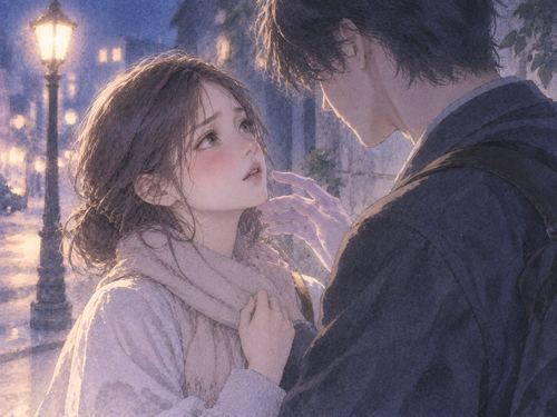 夜の街灯の下で好きな人を見つめ緊張する女性と淡い手の影