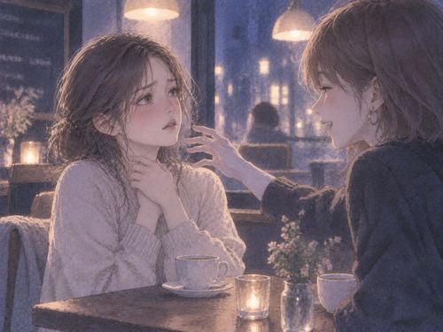 夜のカフェで友人と向き合い言葉を飲み込む女性
