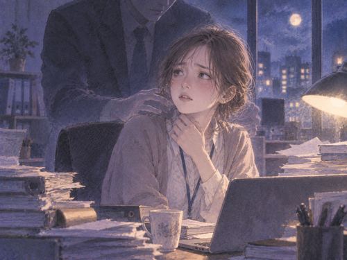夜のオフィスで書類に囲まれ上司の影に圧迫感を覚える女性