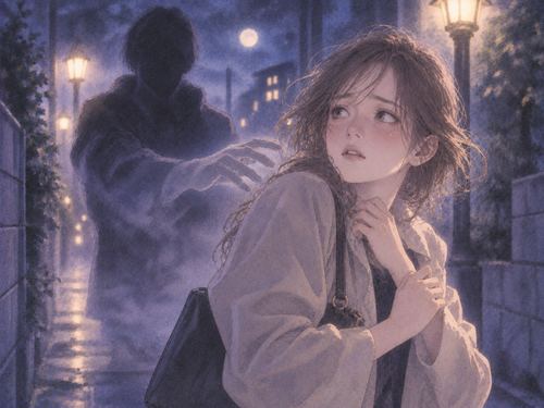 夜道で顔の見えない人物の影に不安を感じる女性