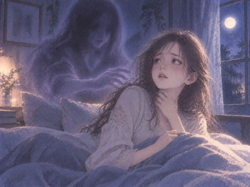 夜の寝室で半透明の影を感じて首元に手を添える女性