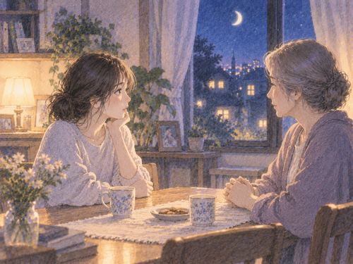 夜の家で親と向き合う大人の女性