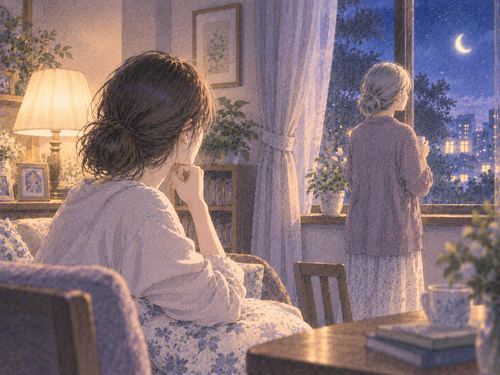 窓辺で母親を静かに見つめる大人の女性