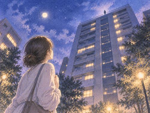 高い建物を見上げて立ち尽くす女性