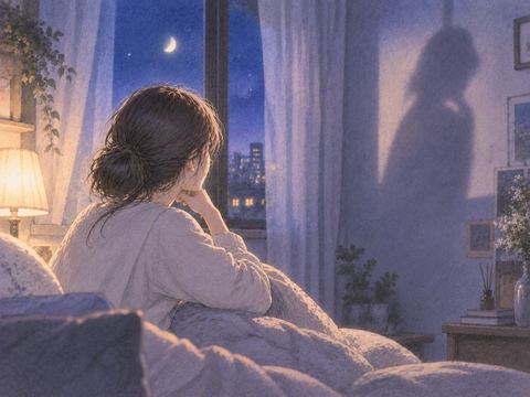静かな夜の部屋で影を見つめる女性