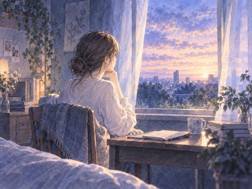 夜明け前の部屋で光を見つめる女性