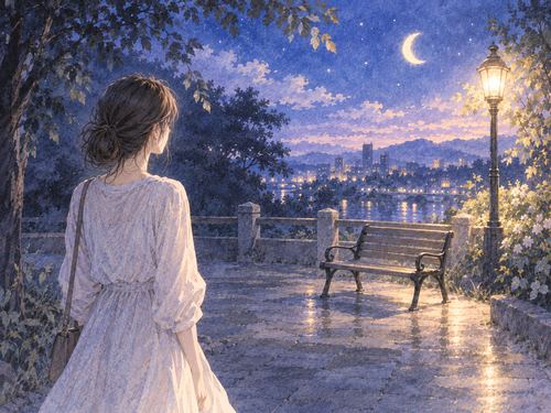 誰もいない夜の場所を見つめる女性