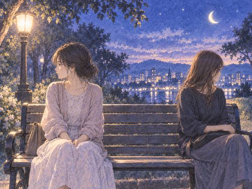 夜のベンチで離れて座る二人の友達
