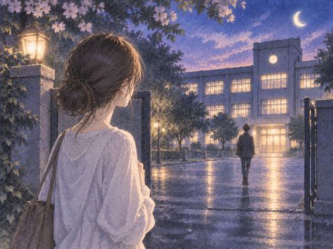 懐かしい建物の前で知人を思い出す女性