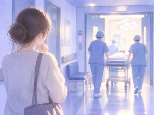 手術室へ向かう家族を見送る女性