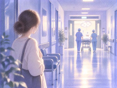 知らない人の手術を遠くから気にする女性