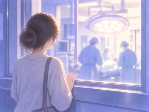 ガラス越しに手術室の光を見守る女性