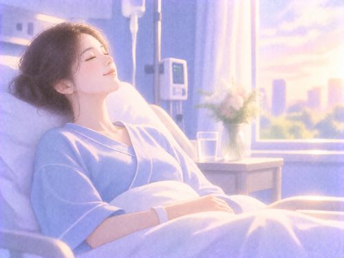 手術が終わり安心して息をつく女性