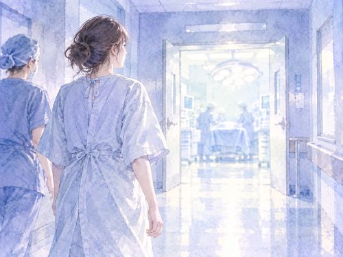 自分の足で手術室へ向かう女性