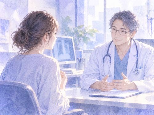 医者と向き合い手術を任せようとする女性