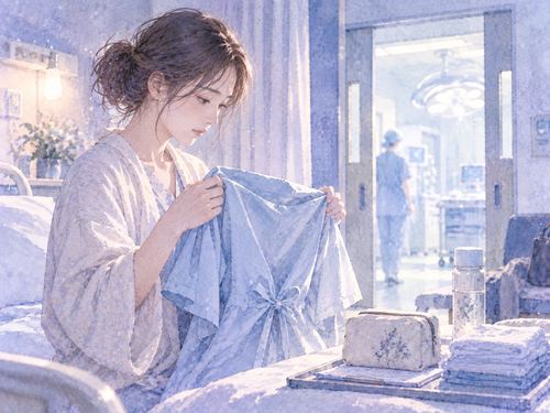 手術着へ着替える準備をする女性