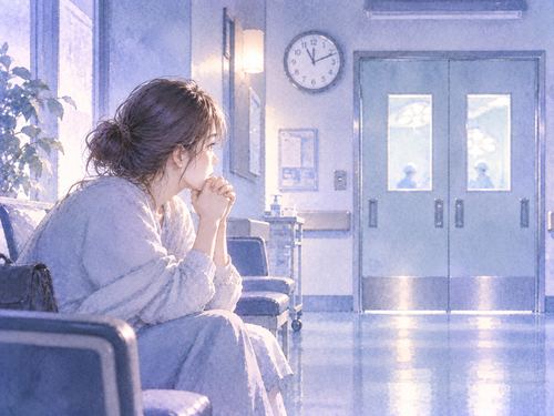 手術前の待合スペースで静かに待つ女性