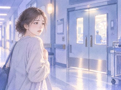 手術室の前から離れようとする女性
