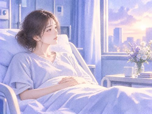 下腹部に手を添え静かに考える女性