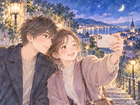 夜に好きな人と寄り添って写真を撮る女性