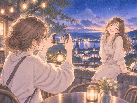 友人の写真を丁寧に撮る女性