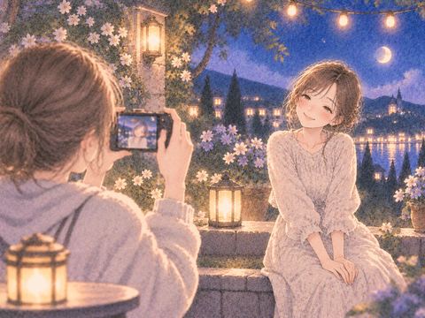 夜に友人から写真を撮ってもらう女性
