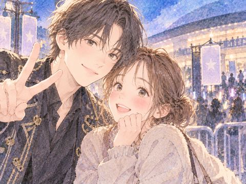 憧れの人と並んで写真を撮る女性