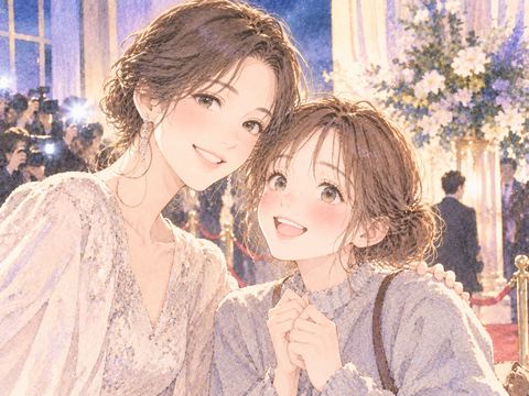 華やかな有名人と写真を撮る女性