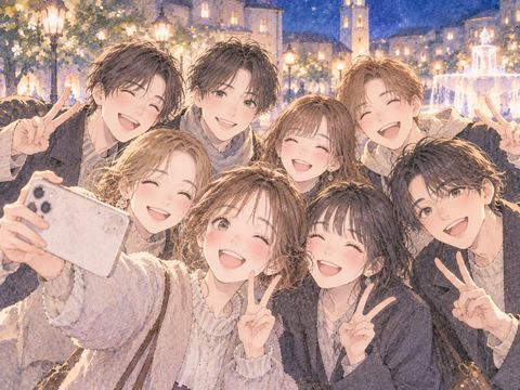 夜の広場で大勢の人と写真を撮る女性