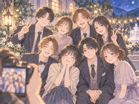 整列した人々と集合写真に写る女性