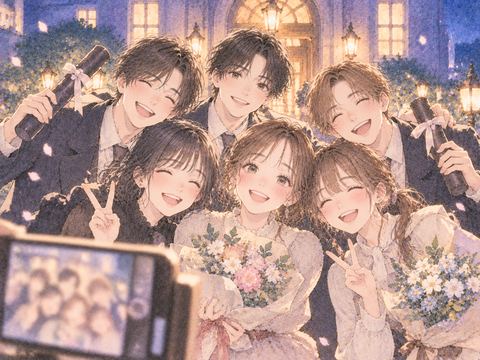 節目の夜に仲間と記念写真を撮る女性