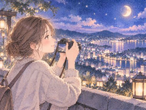 美しい夜景へカメラを向ける女性