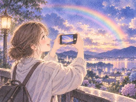 淡い虹を夢中で撮影する女性