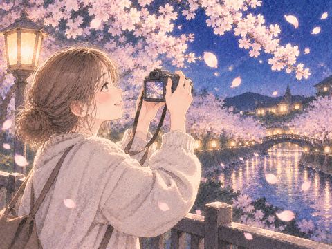 夜桜を写真に残す女性