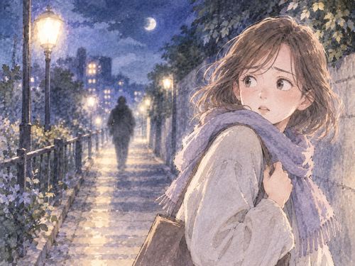 夜道で遠くの知らない人影を振り返る女性