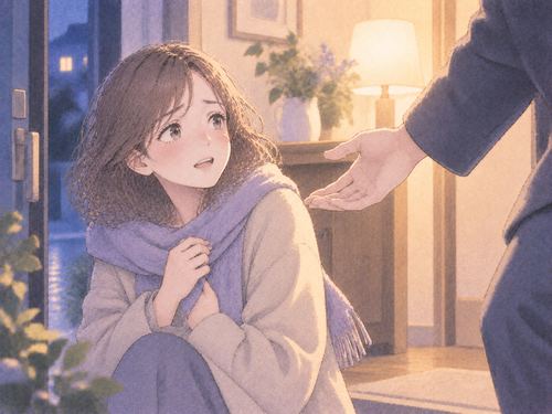 明るい室内で差し伸べられた手を見る女性