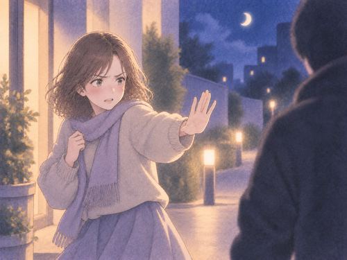 距離を保って手のひらを向ける女性と人影