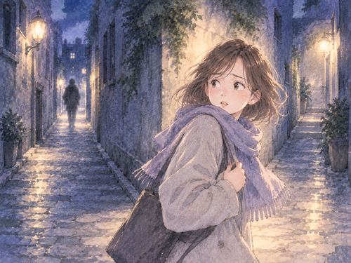 夜の路地で出口を探す女性と遠い人影
