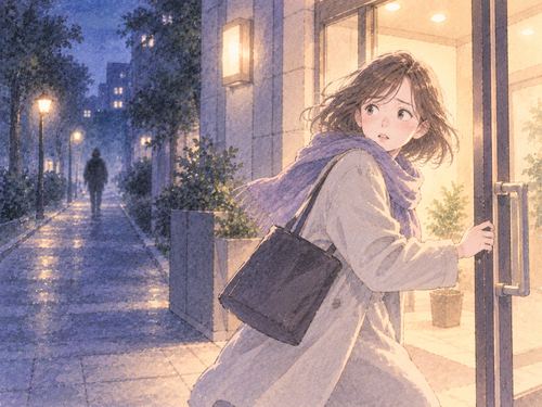 灯りのある建物へ向かう女性と遠い人影