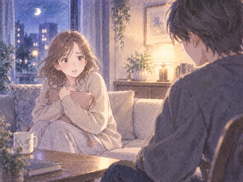 夜の室内で距離を置いて向き合う二人