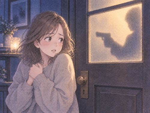閉じた扉の前に立つ女性と向こう側の影