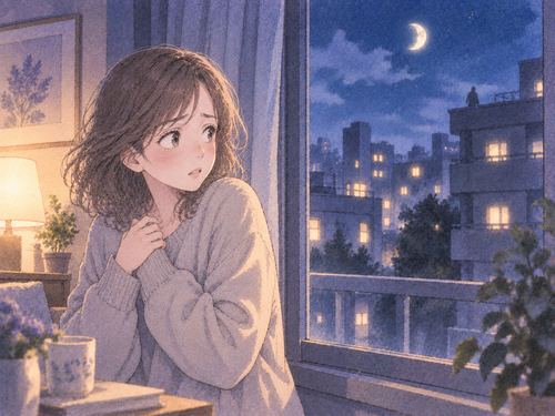 夜の窓辺から遠い建物を気にする女性