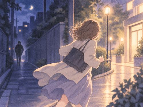 夜道を安全な明かりへ走る女性