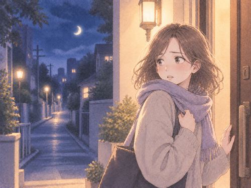 安全な場所で遠い夜道を振り返る女性