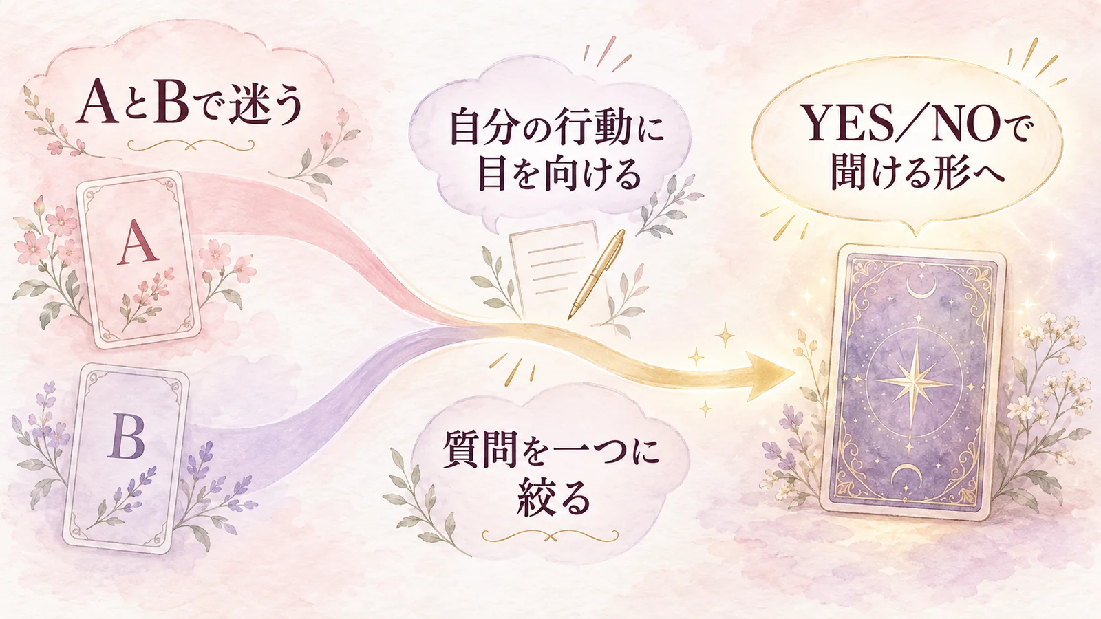 AとBの二択の迷いから自分の行動へ焦点を絞り、一つのYES・NO質問として1枚のタロットカードに重ねる流れを示した図解